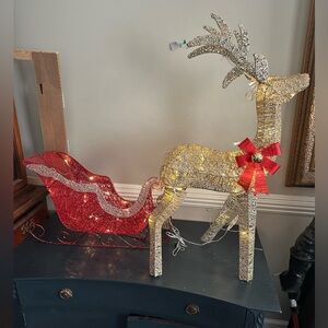 Glitter Gold Lite Up Reindeer & Red Sleigh Sled Lawn Décor Christmas Holiday Fun